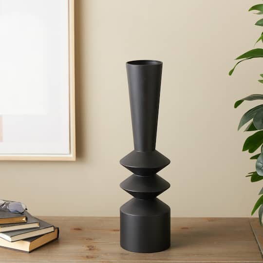 22" Black Metal Art Deco Style Fluted Vase